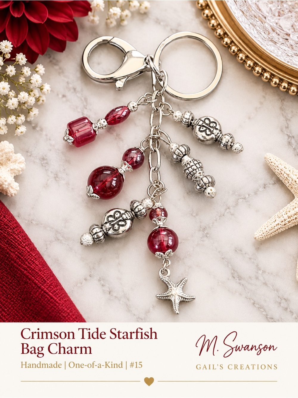 NEW One-of-a-Kind Crimson Tide Starfish Handmade Bag Charm Keychain (#15)